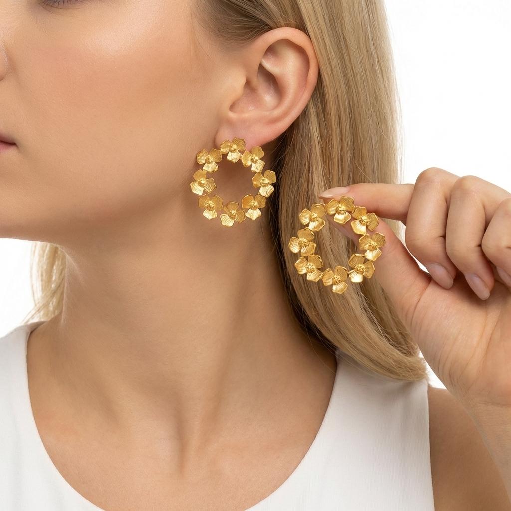 

Boho 3D Floral Dangle Earrings for Women Stainless Steel Layered Metal Flower Daisy Drop Earring Beach Party Waterproof Zircon