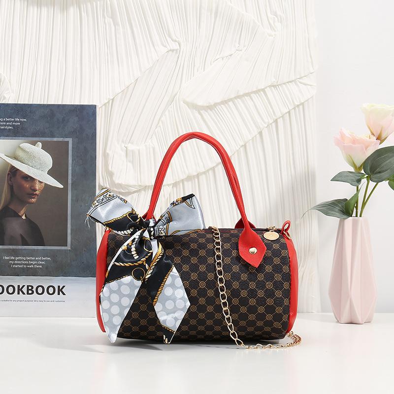 Retro Fashion Silk Scarf Printed Shoulder Crossbody Portable Women's Bag New Chain Cylinder Bag