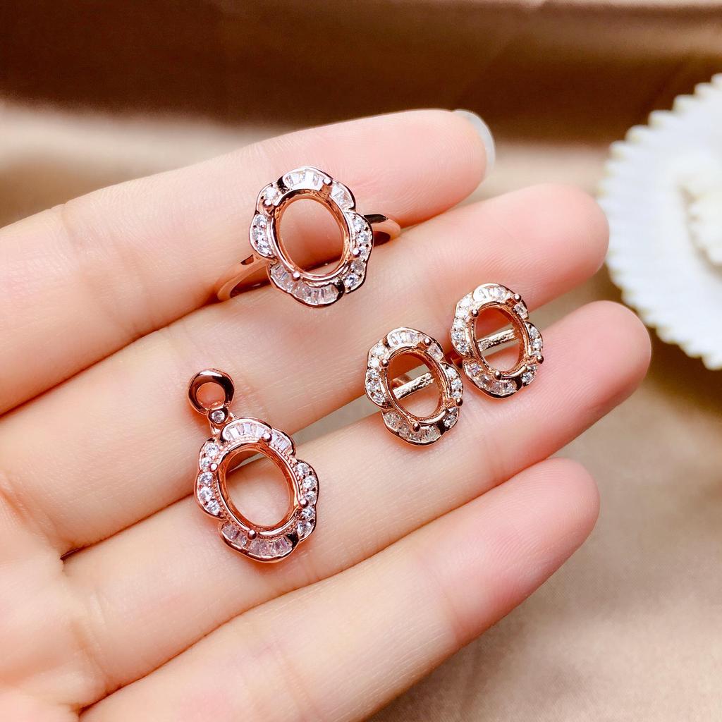925 Silver Stud Earrings & Ring+Pendant Set: 18K White & Rose Gold Plated. Available in 6x8, 7x9, and 8x12 sizes for Women.