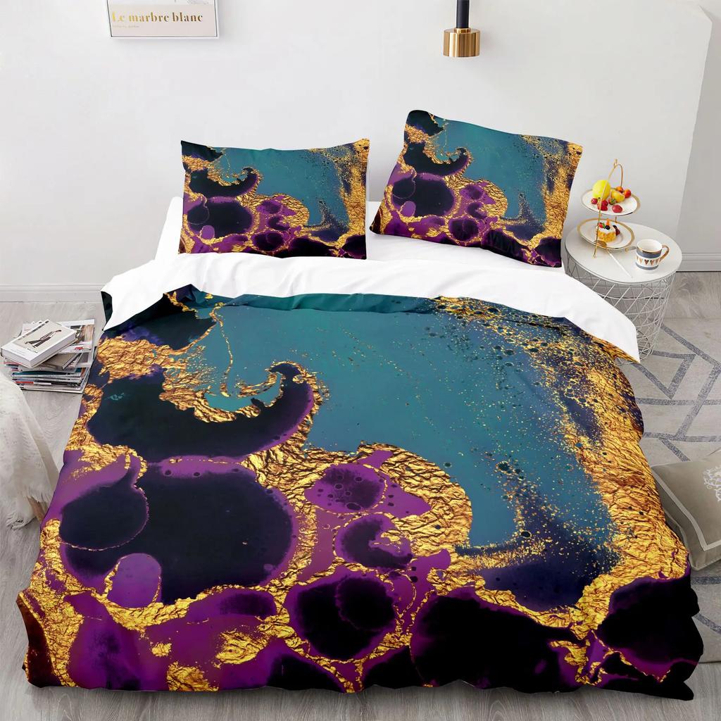 Modern Gold Blue Marble Soft Duvet Cover Women Kid Gift Gliter Abstract Marble Luxurious Ink Plus Wash Art Theme Bedrom Decorations