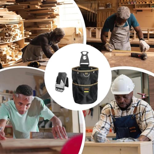 Dvoupatrové pouzdro na nářadí a hřebíky s pružinovým uzávěrem a odnímatelným držákem na nářadí, Zabraňuje vypadnutí nářadí, Snadné připevnění k opasku, Multifunkční kapsy