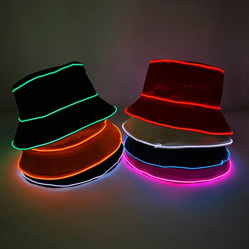 Luminous Neon LED Solid Color Bucket Hats Men Women Hip Hop Panama Fisherman Cap Summer Outdoor Casual Party Novelties