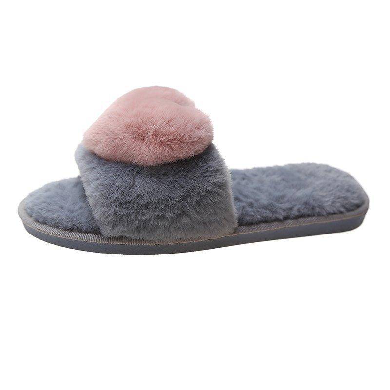 2020 New Autumn and Winter Slippers Light Mouth Flat Heel Flat Bottom Daily Home Plush Cotton Slippers Love One Word Hair Drag
