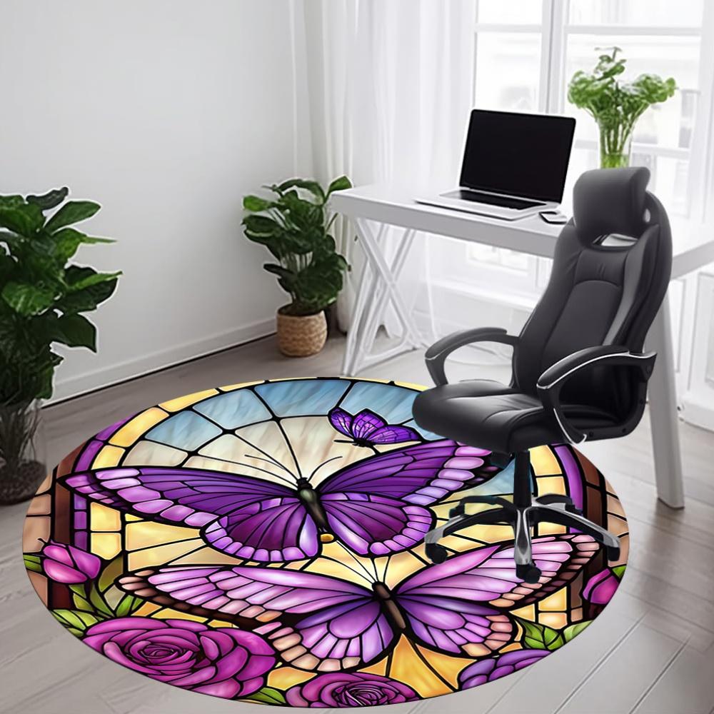 1pc Butterfly StainedGlass Office Round Area Rug, Under Office Chairs Bedroom Living Room Home Decor, Room Deco