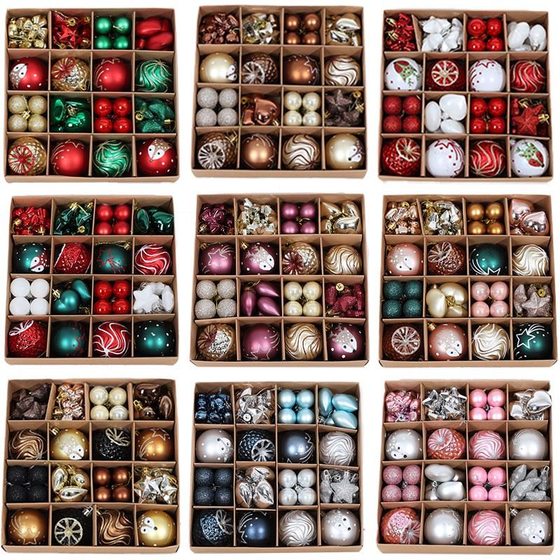 64pcs Christmas Ornament Set - Painted Ball Decorations Tree With Star Heart Bow Design
