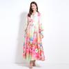 Spring Autumn Women V-neck Single Breasted Print Long Maxi Holiday Beach Dresses