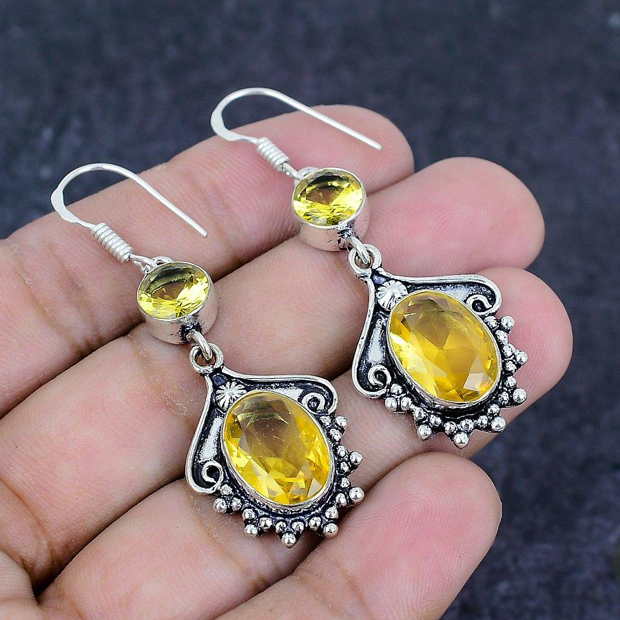 Natural Citrine Gemstone Handmade 925 Sterling Silver Earring 2.17" S0t96