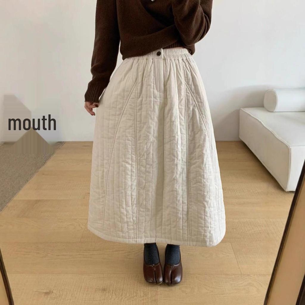 Women's Retro Quilted Skirt - Korean Casual Style, Solid Color, Autumn/Winter, Slimming Bud Design