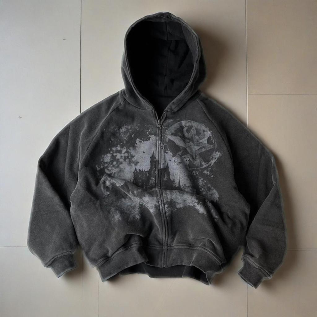 VibeStreet Stile Gotico Punk Y2k Felpa con Cappuccio Stampata Stelle Punti Ricamati con Zip Moda Uomo e Donna Harajuku Retro Manica a Pipistrello Oversize Top