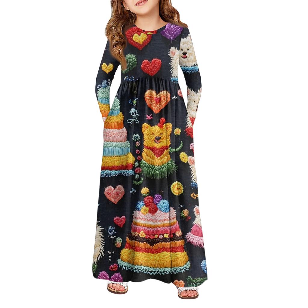 Girls' Maxi Dress - Long Sleeve Pocket Dress Valentine's Day