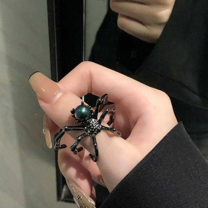 Gothic Punk Spiders Ring With Mysterious Moonstone Adjustable Size For Women Unique Dark Art Jewelry