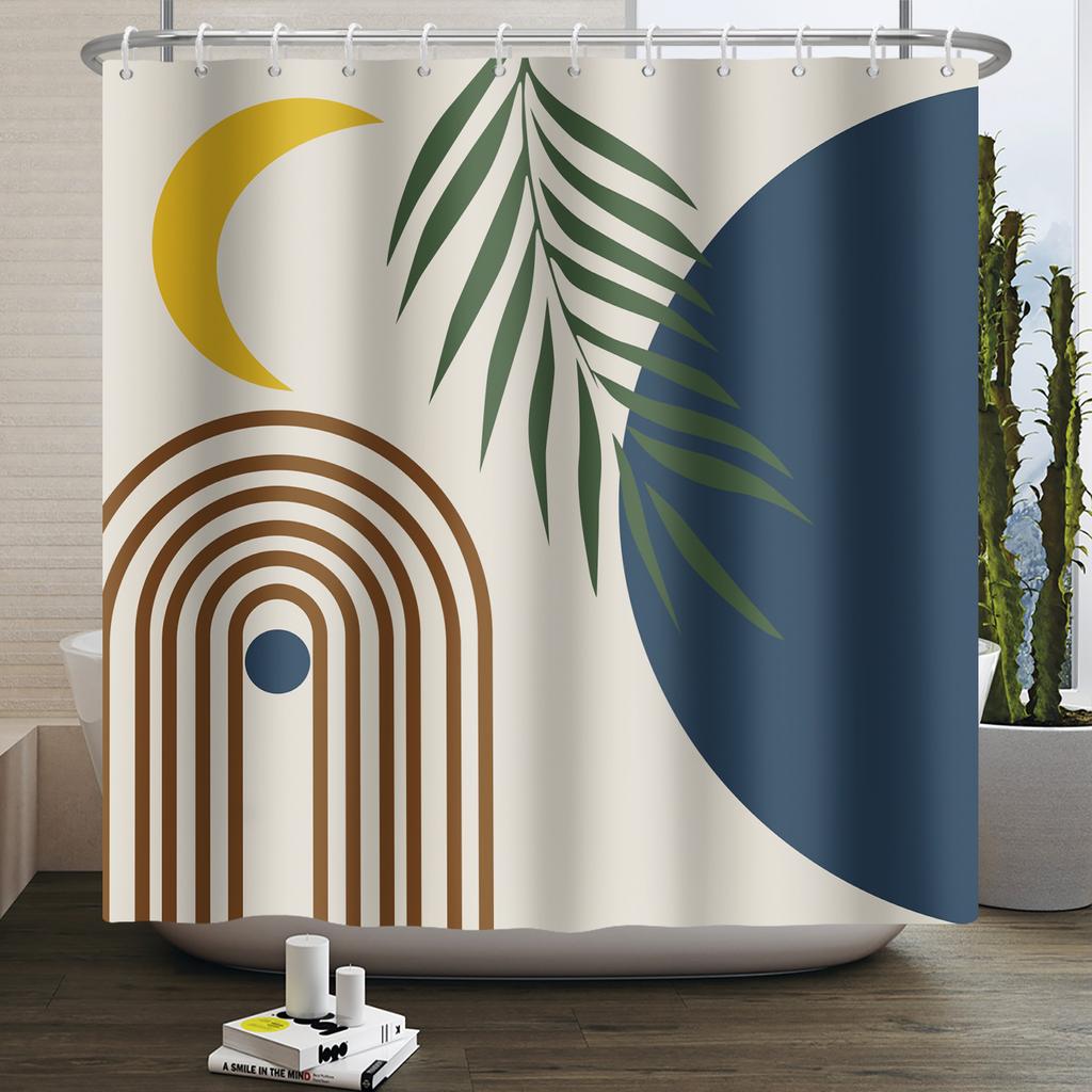 Mid Century Abstract Boho Shower Curtain Green Leaf Plant Modern Arch Sun Minimalist Nordic Waterproof Bathroom Bath Curtain