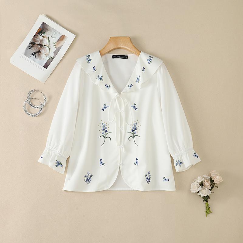 ZANZEA Women Ruffles V-Neck Loose Casual 3/4 Sleeve Floral Print Blouse