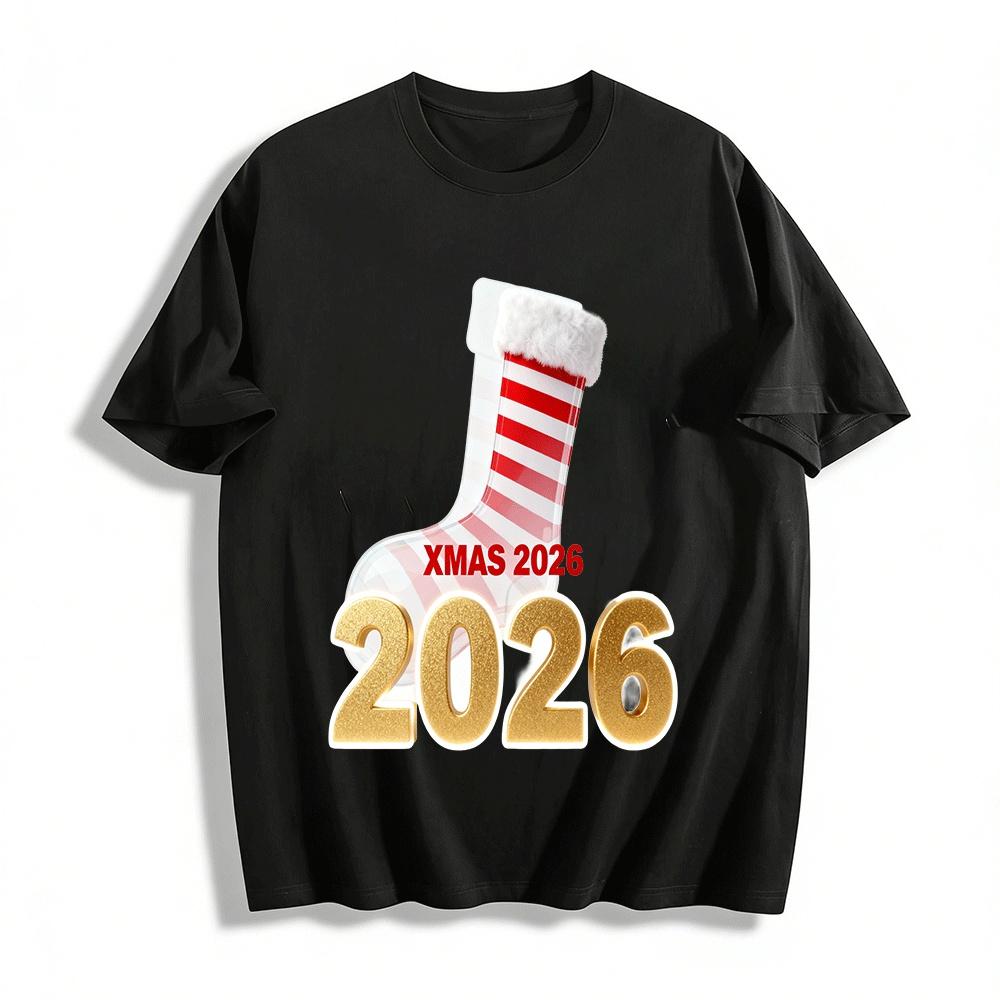 

2026 Christmas Themed Striped Stocking Print Casual Versatile Top Pure cotton T-shirt XXS