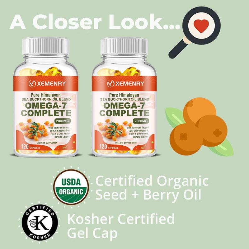 XEMENRY Organic Sea Buckthorn Seed Oil Capsules, beneficial for gut and heart health, 2000 mg per serving, suitable for adults.