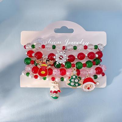 Snowflake & Christmas Tree Beaded Bracelet Set with Cartoon Pendants - Festive Alloy Accessories Gift