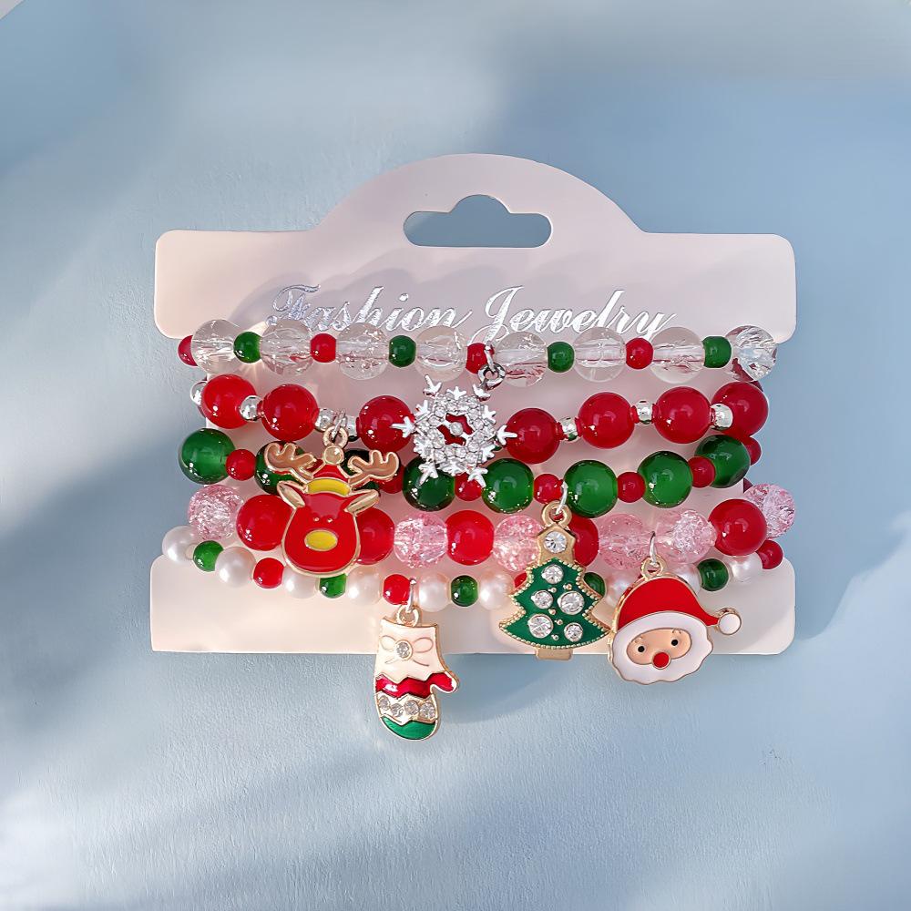 Snowflake & Christmas Tree Beaded Bracelet Set with Cartoon Pendants - Festive Alloy Accessories Gift
