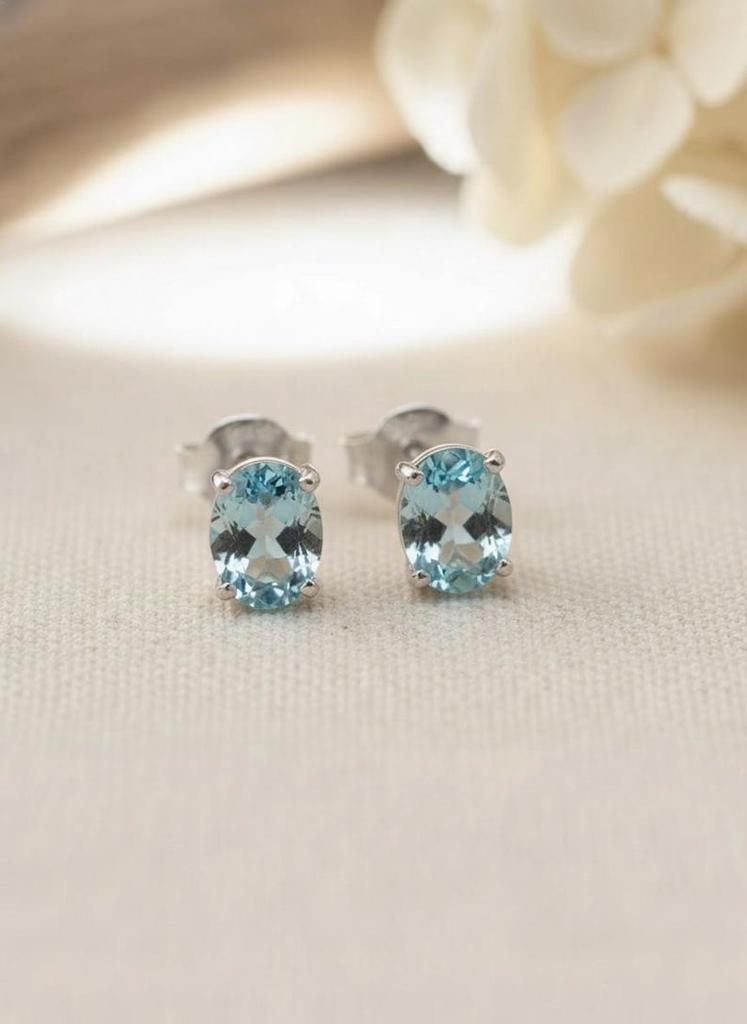 Solid 925 Sterling Silver Blue Topaz Gemstone Stud Earrings Handmade Minimalist Earrings Gift For Her