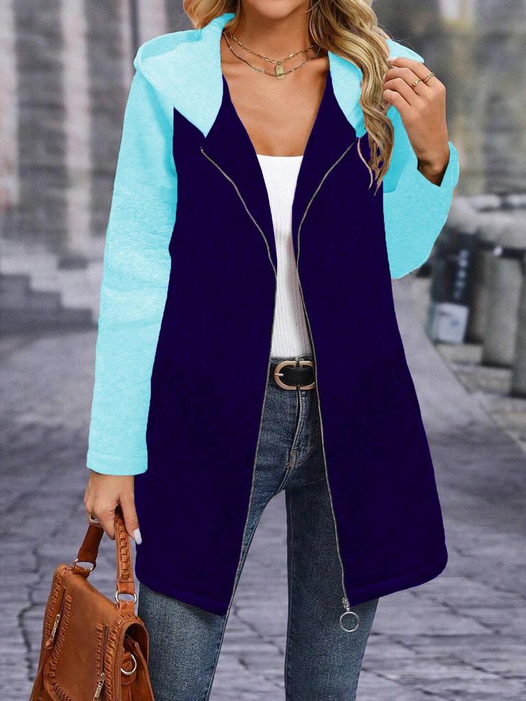 Women's Loose Color Block Patchwork Hooded Jacket with Pockets for Fall/Winter