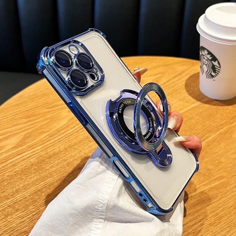 

Роскошное гальваническое покрытие, ударопрочный магнитный кронштейн для Magsafe, прозрачный чехол для iPhone 16 15 Pro Max 11 12 13 14 с подставкой-держателем iPhone 15 Pro Max синий