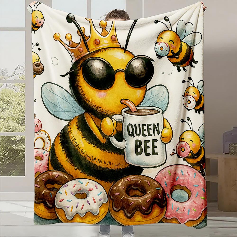 1 шт. Плюшевое флисовое одеяло с принтом пчелиной королевы и пончиков - Пчелиная королева и пчелы с узором сот, Мягкое, плотное всесезонное покрывало для 130x150cm