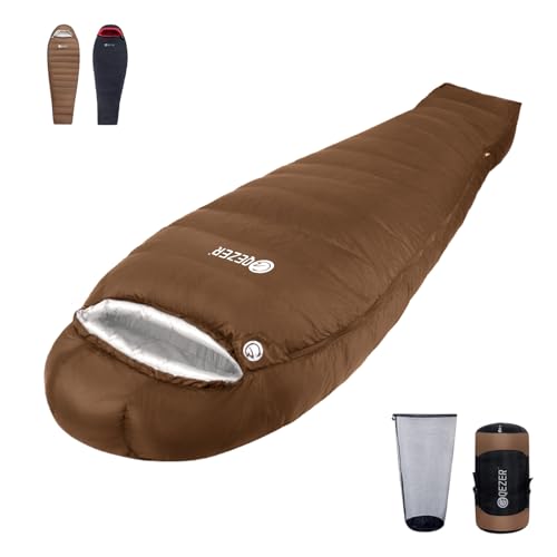 QEZER Winter Down Sleeping Bag, Mummy Style, 650FP, 700g/1000g/1500g Fill, Ultra Lightweight, Compact, Connectable, All-Season Down Sleeping Bag for E