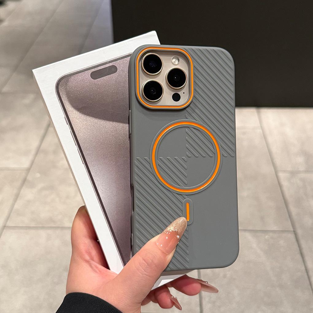 Applicable To IPhone 16 Contrasting Color Matte Thin Circle Magnetic Suction Phone Case Apple 15 Oblique Stripe Advanced Sense Protective Case 14