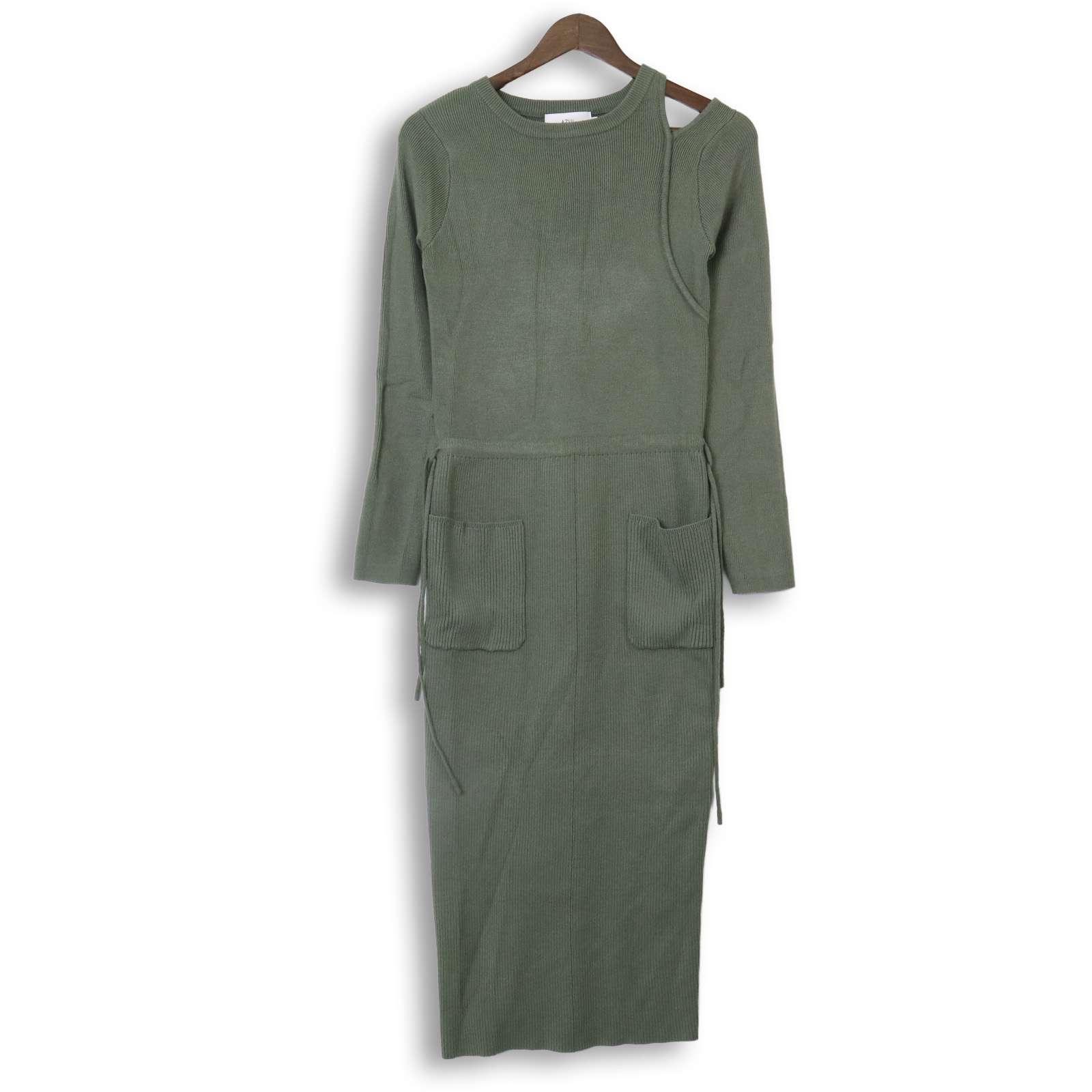AZUL by moussy Autumn/Winter Shoulder Slit Long Sleeve Long Knit Dress Sz.S Women s Green Khaki