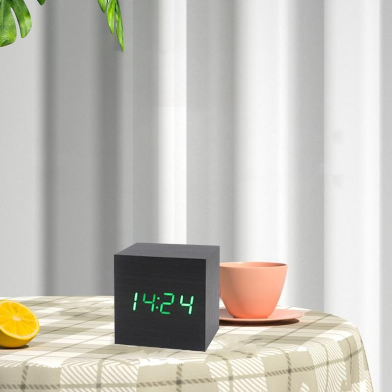 Wood Cube Voice Control Alarm Clock Bedside Table Square Clock Multipurpose for Children Bedroom Dormitory