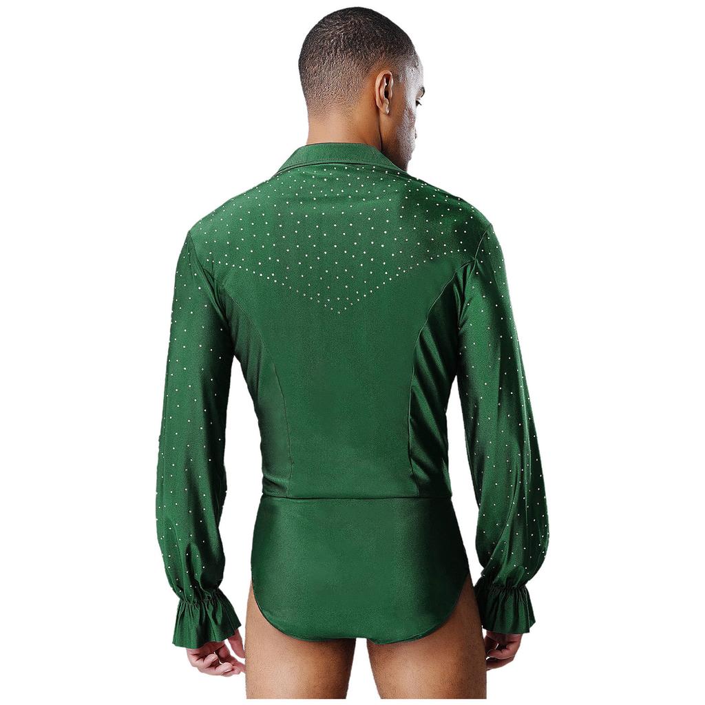 Mens Deep V Neck Long Sleeve Leotard Glitter Rhinestones Bodysuit Openable Crotch Latin Jazz Dance Ballet Costume