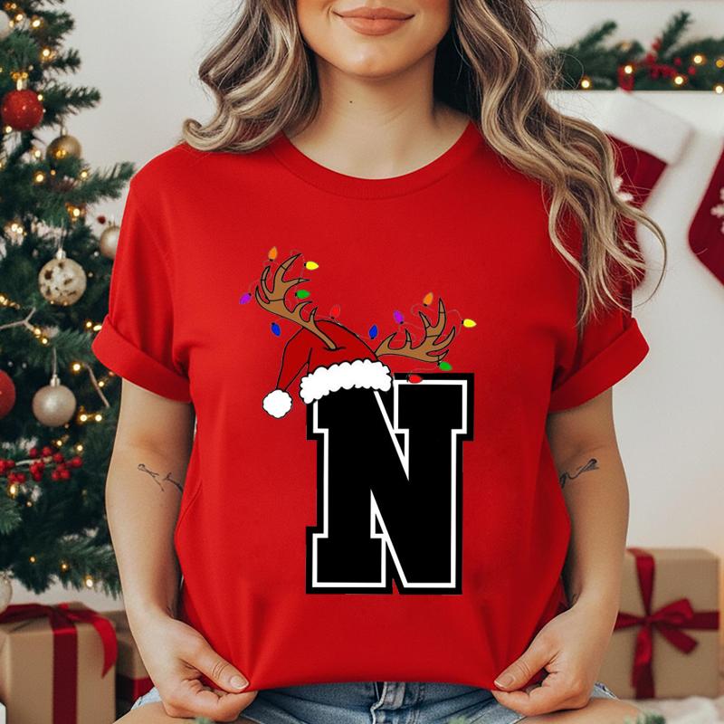 Unisexs Tshirt Christmas Alphabet Fashion Print Tshirt Short Sleeve Fashion Street Top Santa Hat Reindeer Christmas Party Top