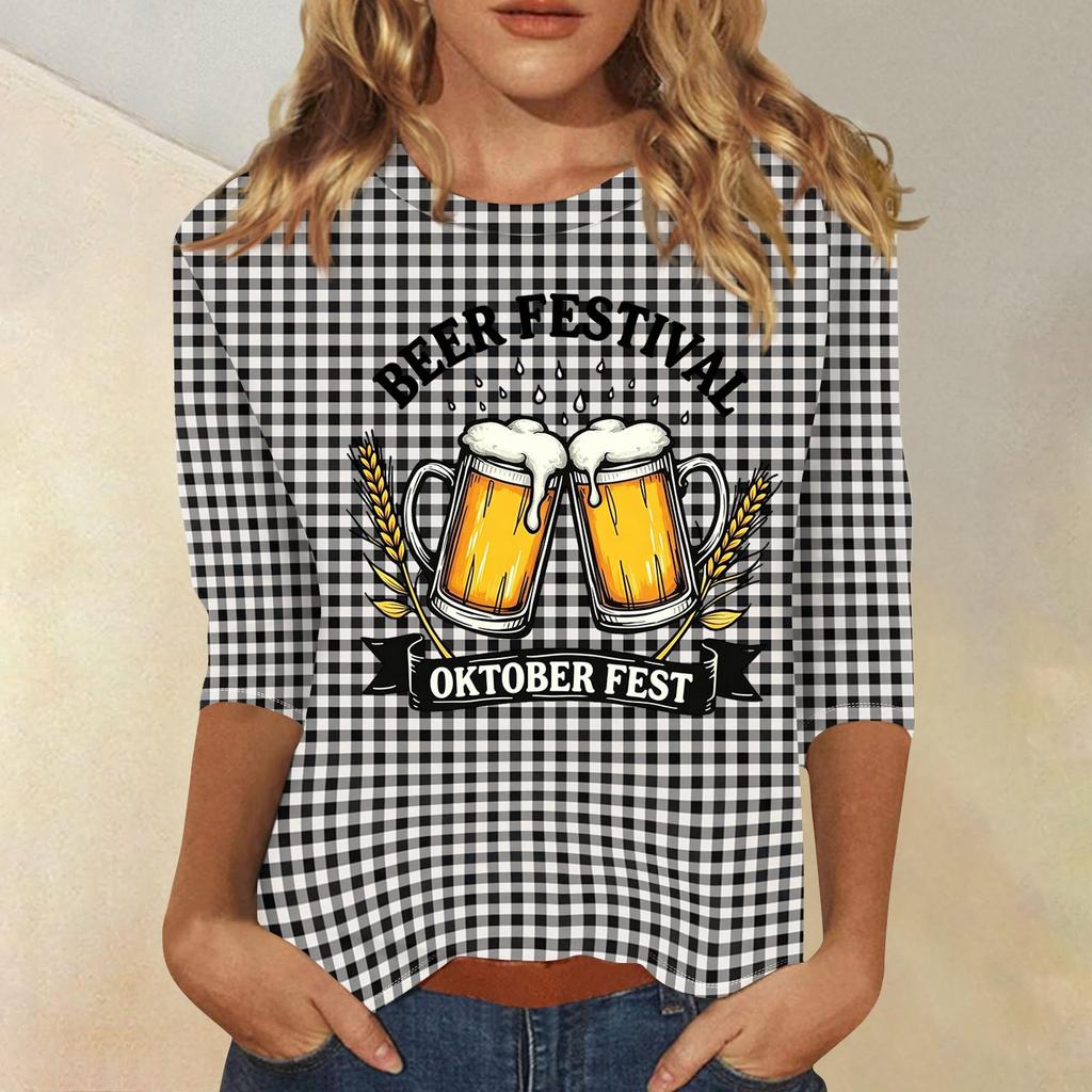 Women's Casual Three Quarter Sleeve Round Neck Top with Beer Festival Print Oktober Fest Pattern Lightweight Comfortable Fit