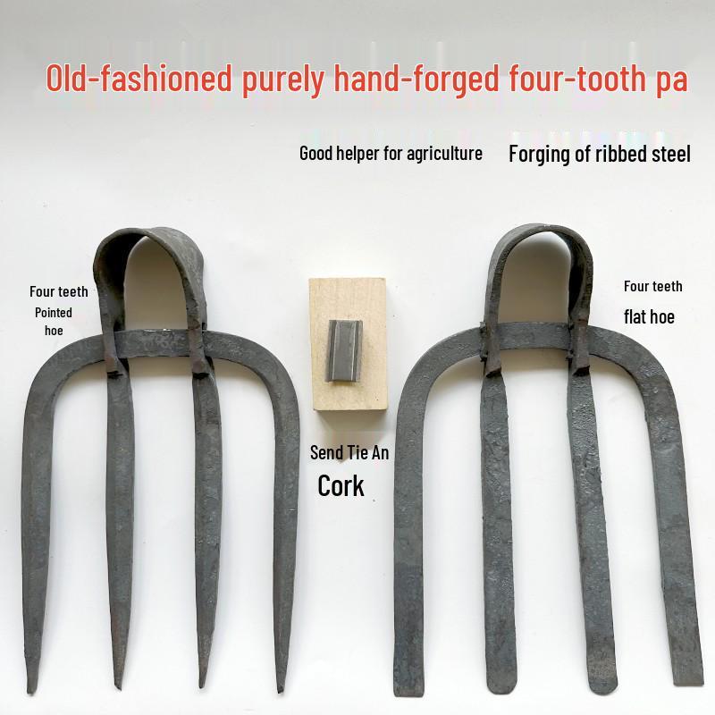 Hand-Forged Four-Tooth Steel Hoe Rake with Long Handle for Agriculture