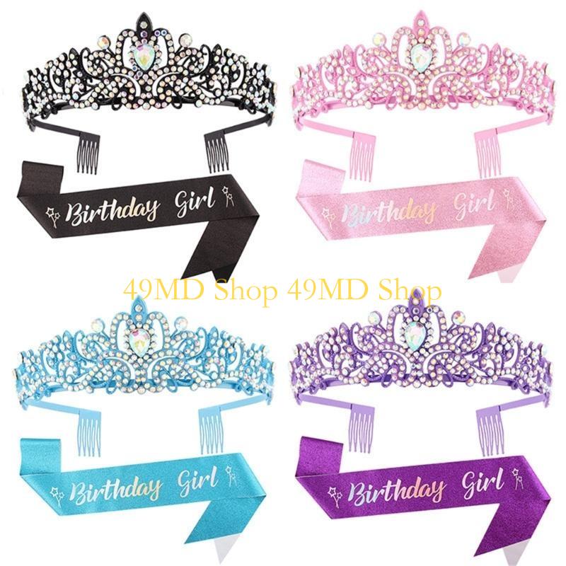 49MD 2pcs Birthday Party Crystal Tiaras and Sash Set for Women Fashion Hair Accessory