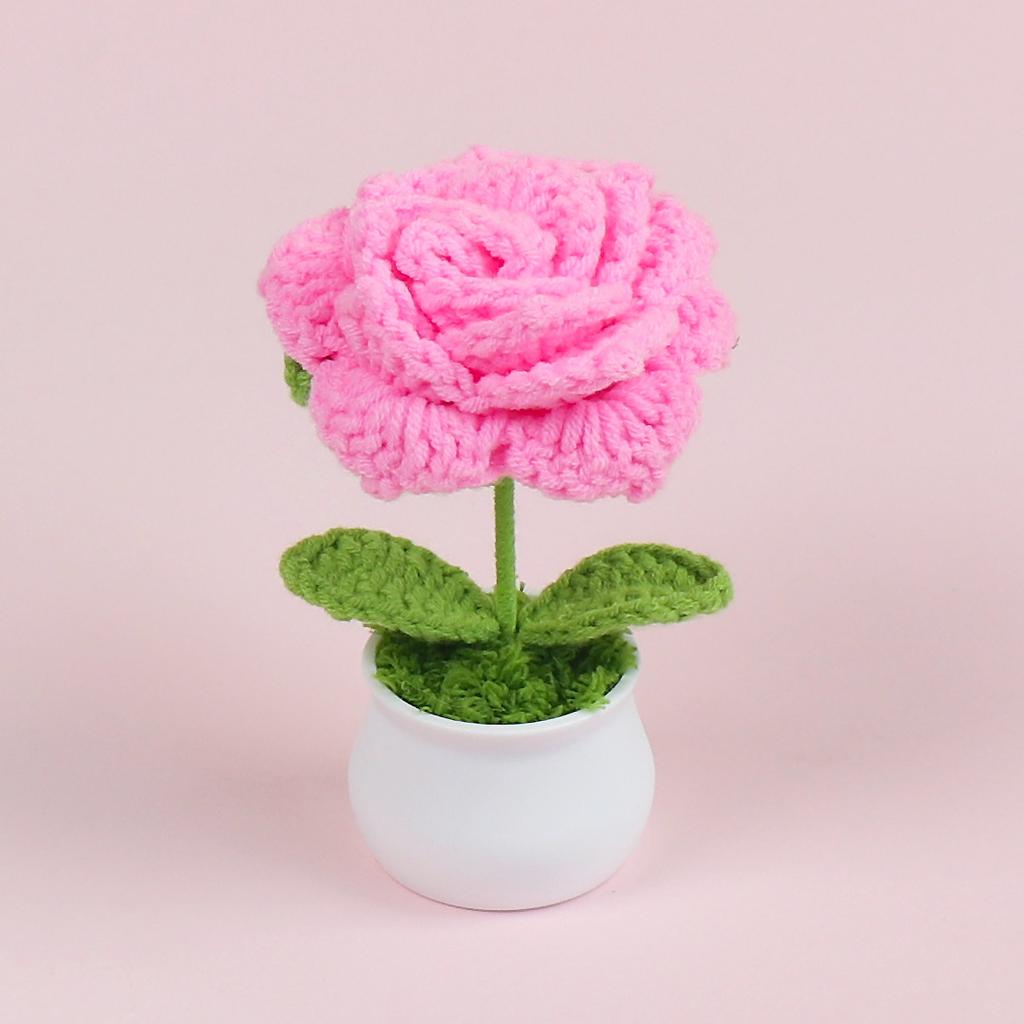 Artificial Rose Flower Creative Knitting Flower Potted Crochet Rose Flowers Table Decor Knitted Plant