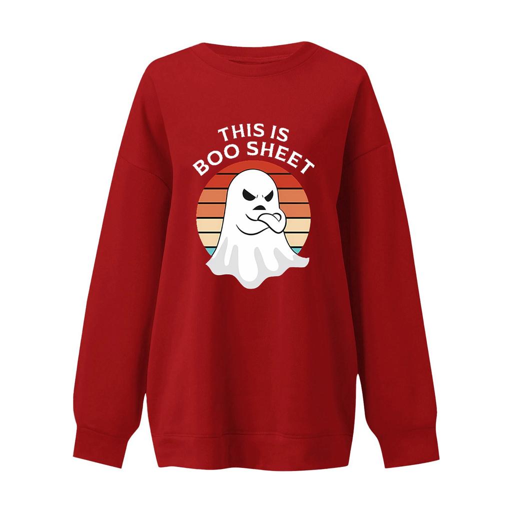 Dámský svetr s kulatým výstřihem, dlouhým rukávem a s padnoucími rameny, s potiskem na Halloween