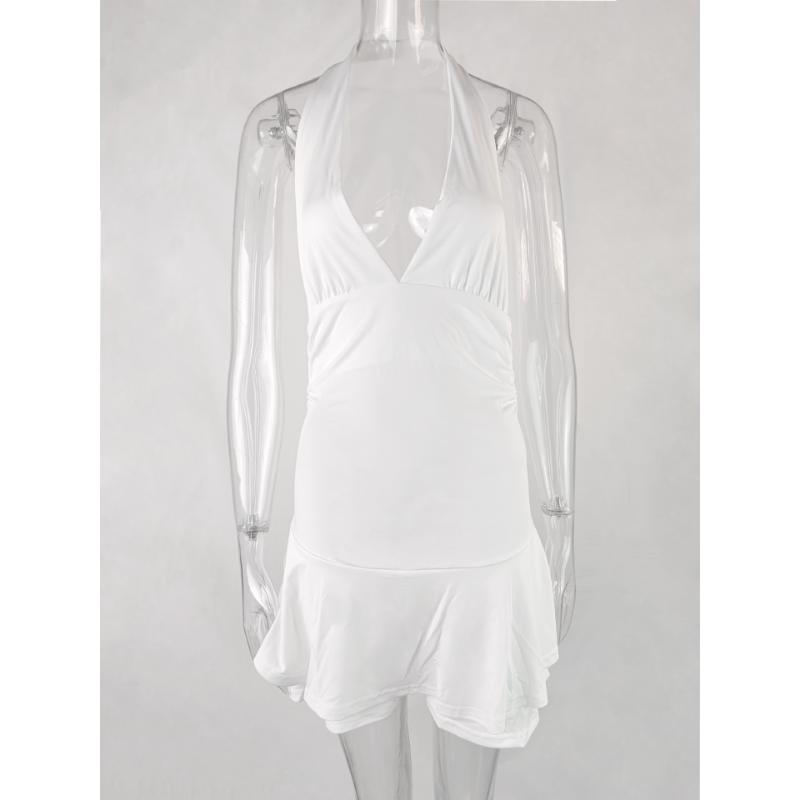 Women's Summer Sexy Halter Mini Dress Deep V Neck Ruched Waist Slim Fit Flared Backless Sleeveless Party Dress