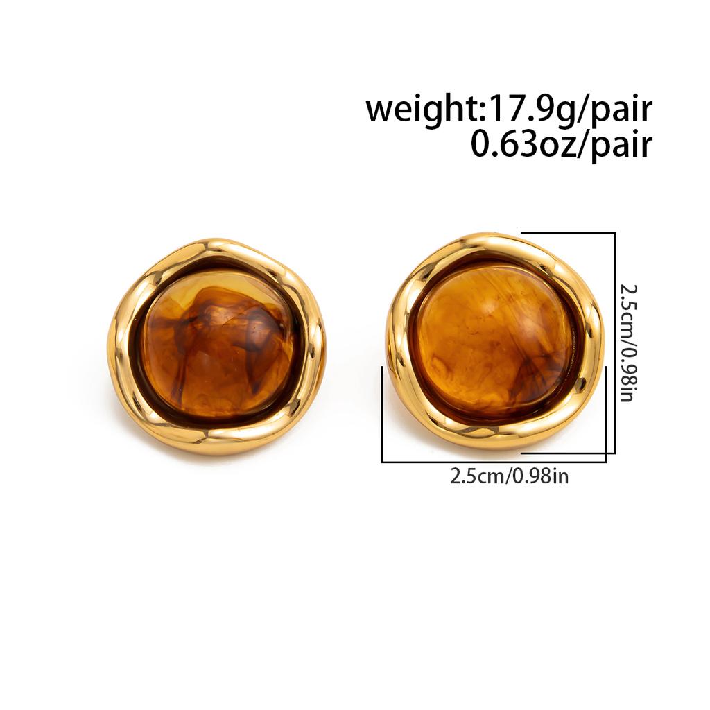 Salircon Vintage light Brown White Pink Resin Stud Earrings Women 18K Gold Plated Stainless Steel Piercing Ear Accessory Jewelry