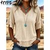 Women's Fashion Casual Summer Spring Solid Color Print 1/2 Sleeves V-Neck Blouses & Shirts