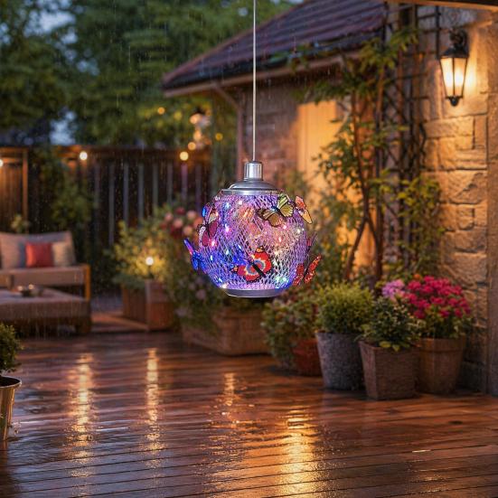 Solar-Schmetterlings-Hängeleuchte mit LED, Wasserdicht für den Außenbereich, Farbwechselnde Metall-Gartenlampe mit Kette, Solar-Garten-Hängekugel für Terrasse