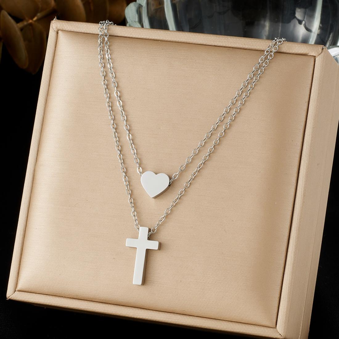 

316L Stainless Steel Double Layer Cross Heart Pendant Collarbone Necklaces For Women Creative Fashion New Jewelry Party Gift