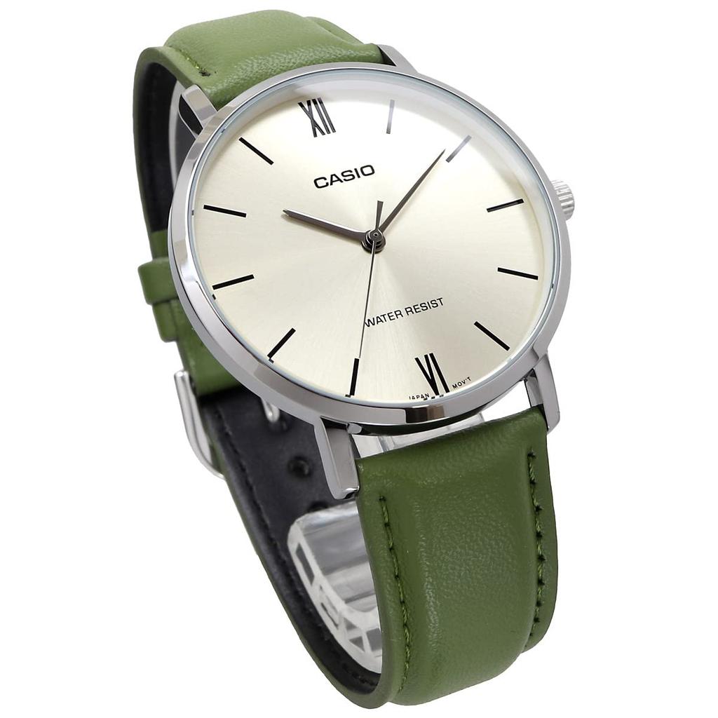 Casio Zegarek Kwarcowy Srebrny ze Skórzanym Zielonym Paskiem Model Międzynarodowy Męski MTP-VT01L-3B, [Używany]
