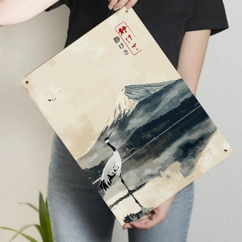 

Japanese Fuji Mountain Crane Landscape Iron Painting Retro Zen Home Decor Wall Art Living Room Hanging 20x30cm（7.8x11.8inch）