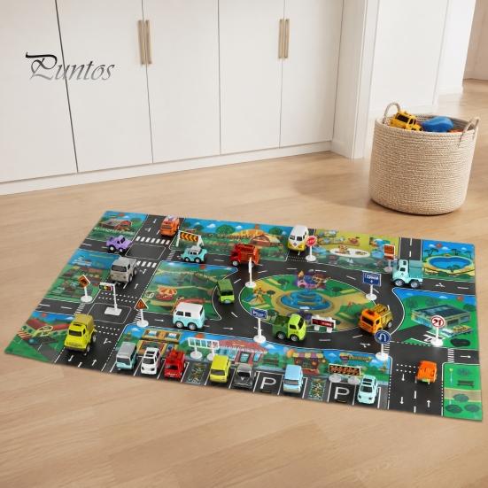 Family Game Room Floor Mat Kids City Life Play Mat, Educational PVC Road Traffic Carpet, Rug Non-slip Urban Parking Scene Area for Toddlers