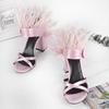Fashion New Pink Feather Button Satin High Heel Sandals Women's Summer Fashion Sexy Thick Heels Wedding Party High-heeled Shoes Size 41