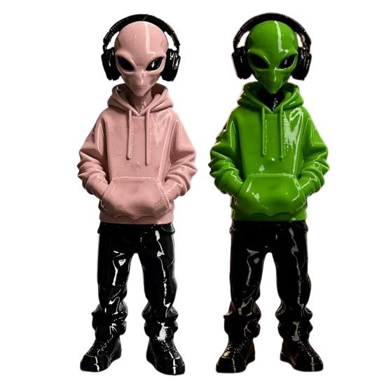 Aesthetic Room Embellishments 3D Printed Alien Figurine with Hoodie And Headphone, Trendy Desktop Custom 3d Collectibles Ornament, Cyber Style Statue