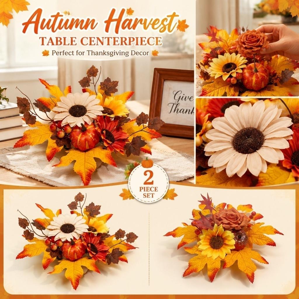 2 Piece Artificial Pumpkin Sunflower Maple Leaf Floral Arrangement for Autumn Thanksgiving Table Centerpiece Display Decoration