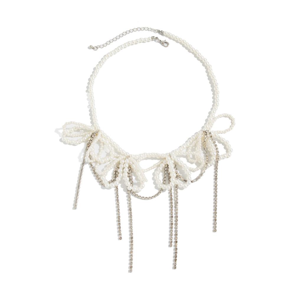 Temperament Imitation Pearl Bow Beaded Necklace Female, Sweet Cool Wind Diamond Chain Fringed Necklace