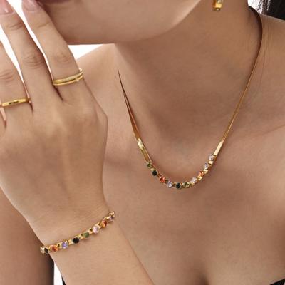 Multi-color Zircon Necklace Bracelet For Women 18k Gold Plated Stainless Steel Chains Necklaces Bracelets Women's Jewelry Sets