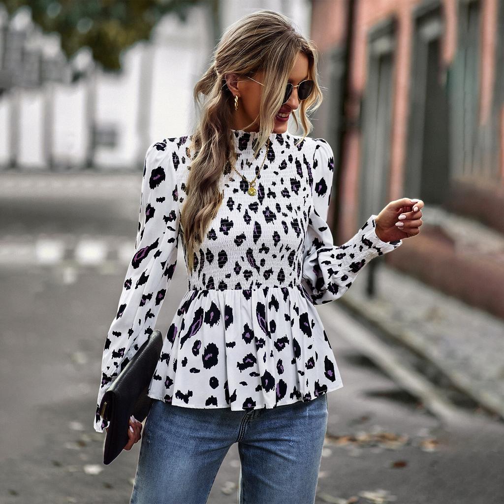 Temperamentní košile s dlouhým rukávem Móda Úzký pas Topy s výstřihem do O Jaro Podzim Dámské Oblečení Elegantní halenka s květinovým potiskem 24779